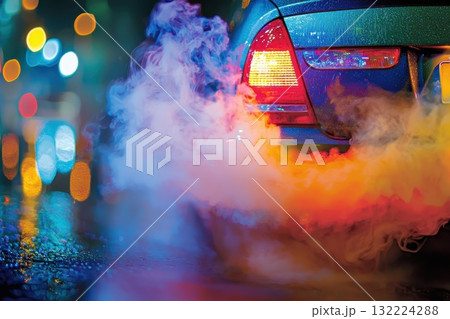 Colorful Night Scene with Car Exhaust Smoke and Reflections in Rain on City Streets 132224288