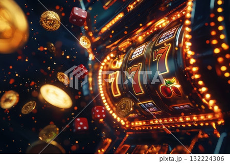 Exciting Neon Slot Machine with Spinning Reels and Falling Coins in a Casino Environment Exciting Neon Slot Machine with Spinning Reels and Falling Coins in a Casino Environment 132224306