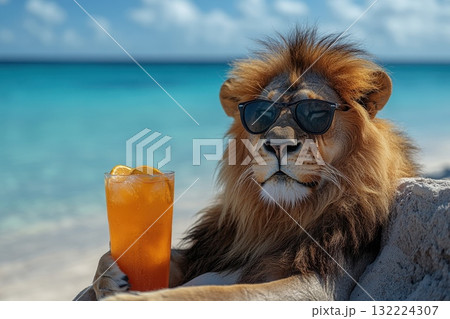 Relaxing Lion with Sunglasses Enjoying a Tropical Drink on a Sunny Beach Relaxing Lion with Sunglasses Enjoying a Tropical Drink on a Sunny Beach 132224307