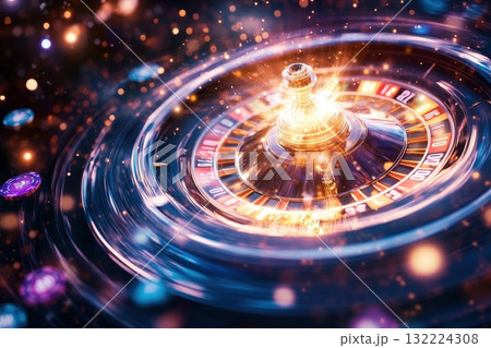 Vibrant Roulette Wheel with Sparkling Lights and Energetic Swirls in a Casino Atmosphere 132224308