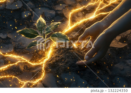 Close-Up of Hands Gently Planting a Sapling with Glowing Energy Surrounding the Roots 132224350