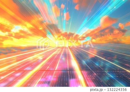 Vibrant Dynamic Scene Featuring Solar Panels and Wind Turbines against a Colorful Sky 132224356