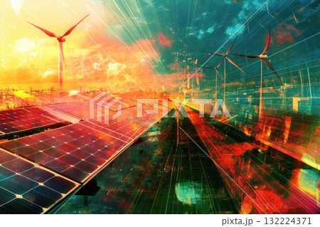 Dynamic Scene of Solar Panels and Wind Turbines Under Vibrant Skies at Sunset Dynamic Scene of Solar Panels and Wind Turbines Under Vibrant Skies at Sunset 132224371