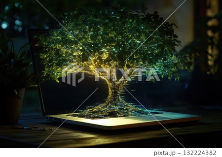 Tree Growing Out of a Laptop in a Lush Environment at Night 132224382