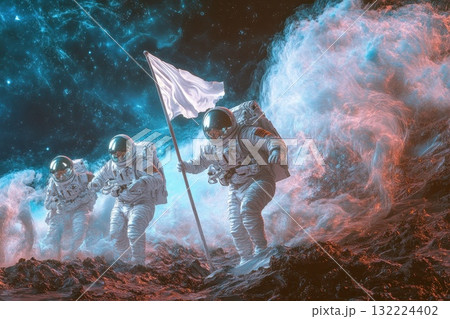 Astronauts Planting Flag on Alien Terrain Surrounded by Cosmic Dust and Unique Colors Astronauts Planting Flag on Alien Terrain Surrounded by Cosmic Dust and Unique Colors 132224402