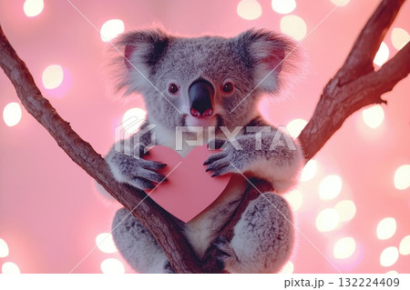 Adorable Koala Holding Heart on Tree Branch with Soft Pink Blurred Background Lights Adorable Koala Holding Heart on Tree Branch with Soft Pink Blurred Background Lights 132224409