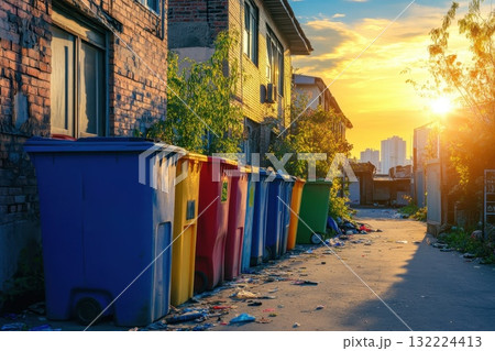 Colorful Trash Bins Lined Up on a Street at Sunset in an Urban Environment 132224413