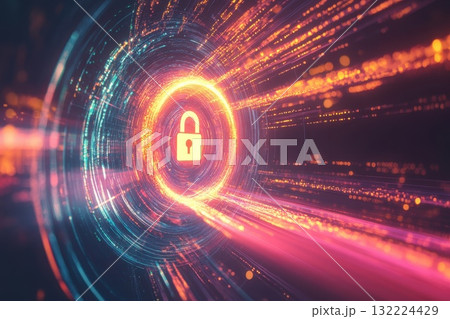 Abstract digital tunnel with glowing lock symbol representing cybersecurity and data protection Abstract digital tunnel with glowing lock symbol representing cybersecurity and data protection 132224429