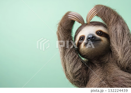 Playful Sloth with Facial Expression Against a Soft Green Background Showing Joy and Relaxation 132224439