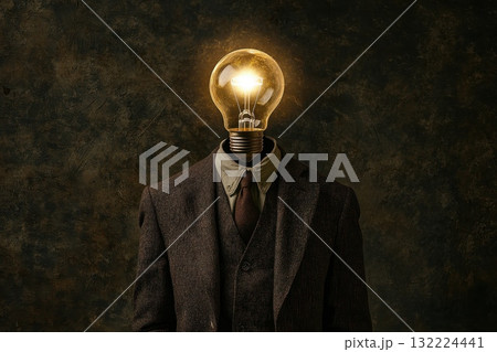 Unique Creative Concept of Businessman with Light Bulb as Head Symbolizing Ideas and Innovation Unique Creative Concept of Businessman with Light Bulb as Head Symbolizing Ideas and Innovation 132224441