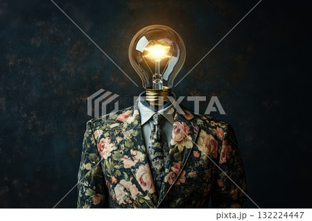 Creative Concept of Mannequin with Lightbulb Head Wearing Floral Suit Against Dark Background Creative Concept of Mannequin with Lightbulb Head Wearing Floral Suit Against Dark Background 132224447