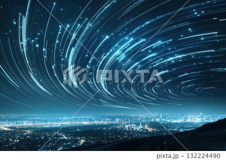 Night Sky with Star Trails Over a Cityscape with Modern Buildings and Bright Lights Night Sky with Star Trails Over a Cityscape with Modern Buildings and Bright Lights 132224490
