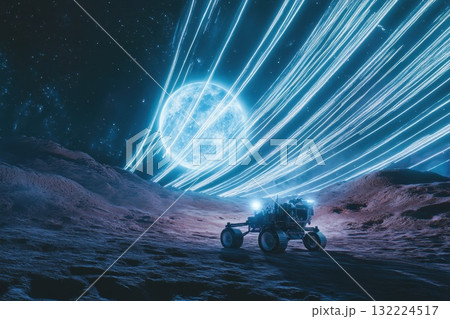 Rover Exploring the Surface Under a Cosmic Sky with Vibrant Light Trails 132224517