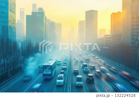 Bustling Urban Landscape Shrouded in Smog at Dusk with Traffic Flowing Through City Streets 132224528
