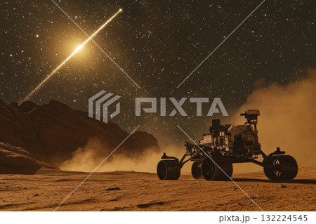 Glowing Meteor Shower Illuminates Martian Landscape with Rover Under Starry Sky 132224545