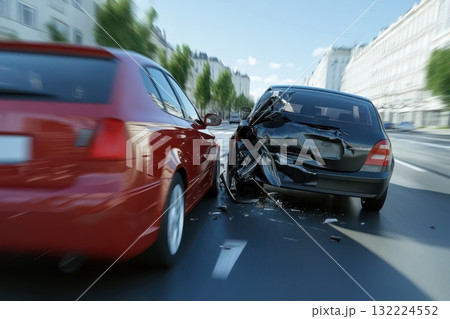 Car Collision on Urban Street with Significant Damage to Vehicles 132224552