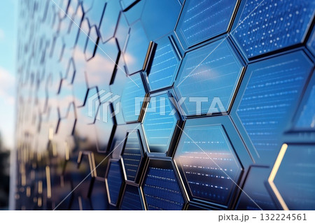 Close-Up View of Hexagonal Solar Panels in Blue Tone with Reflections and Modern Design Elements Close-Up View of Hexagonal Solar Panels in Blue Tone with Reflections and Modern Design Elements 132224561