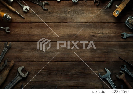Tools and Wrenches on Wooden Table Surface with Empty Space for Text or Design Elements 132224565