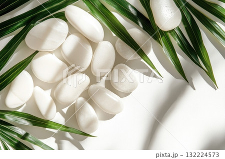 A bunch of white rocks are on a leafy green background A bunch of white rocks are on a leafy green background 132224573