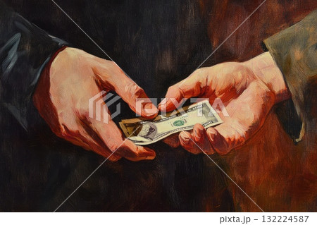 A painting of two people exchanging money A painting of two people exchanging money 132224587