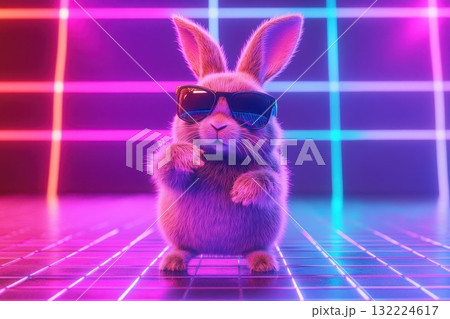 Cool Rabbit Wearing Sunglasses in Neon Lights with Colorful Background and Playful Attitude Cool Rabbit Wearing Sunglasses in Neon Lights with Colorful Background and Playful Attitude 132224617