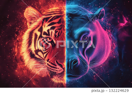 Vibrant Split Portrait of a Tiger and a Bear with Dramatic Color Contrast and Artistic Effects Vibrant Split Portrait of a Tiger and a Bear with Dramatic Color Contrast and Artistic Effects 132224629