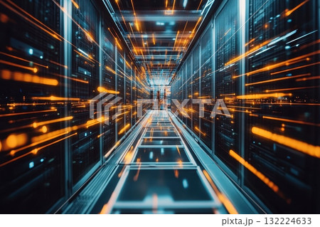 Dynamic Motion Blur in Data Center Corridor With Bright Lines of Light and High-Tech Aesthetics 132224633