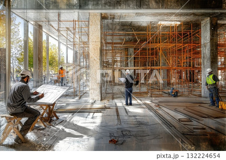 Construction Site with Workers and Scaffolding in Modern Building Interior Construction Site with Workers and Scaffolding in Modern Building Interior 132224654