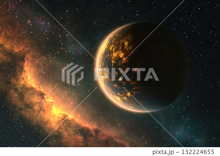 Cosmic Landscape of Distant Planet Surrounded by Colorful Nebula and Stars in Deep Space 132224655