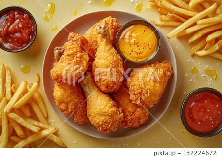 Crispy Fried Chicken Drumsticks with French Fries and Dipping Sauces on Yellow Background 132224672