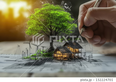 Creative Concept of Sustainable Architecture with Eco-Friendly Elements and Nature Integration Creative Concept of Sustainable Architecture with Eco-Friendly Elements and Nature Integration 132224701