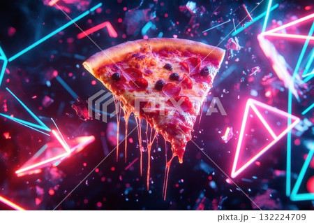 Delicious Pepperoni Pizza Slice with Melting Cheese Surrounded by Colorful Neon Lights 132224709