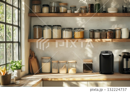 Modern kitchen shelves filled with jars of ingredients and kitchen appliances in sunlight 132224737