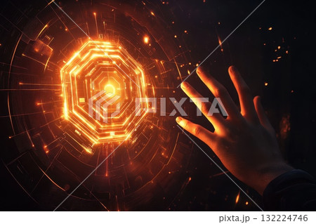 Glowing Hexagonal Interface with Human Hand Reaching for Digital Connection Concept 132224746