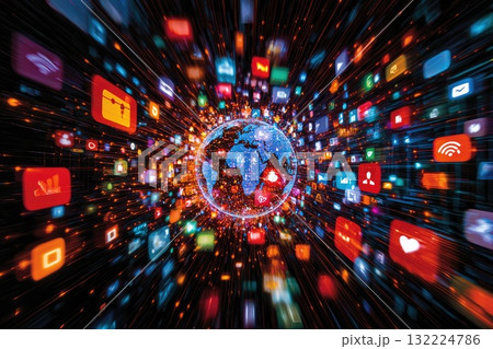 Digital Depiction of a Globe with Lines and Colorful Icons in Motion 132224786