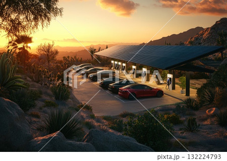 Solar Powered Charging Station Surrounded by Scenic Desert Landscape at Sunset Solar Powered Charging Station Surrounded by Scenic Desert Landscape at Sunset 132224793