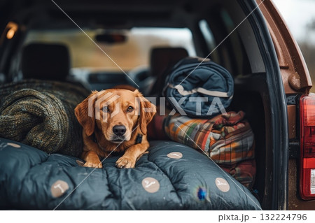 A dog is laying on a bed in a car and covered with blankets and a sleeping bag A dog is laying on a bed in a car and covered with blankets and a sleeping bag 132224796