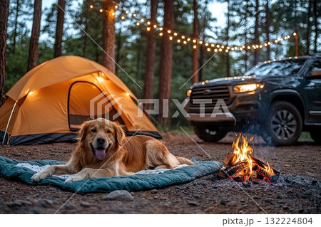 A dog is laying on a blanket next to a tent and a fire A dog is laying on a blanket next to a tent and a fire 132224804