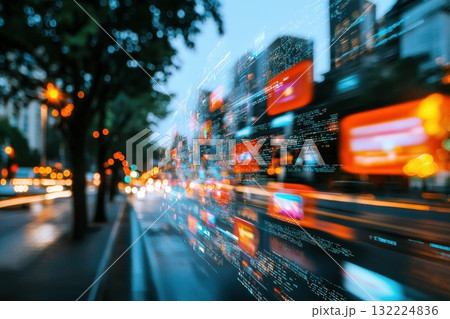 Cityscape with Motion Blur and Digital Overlay of Colors and Light at Twilight Hour 132224836