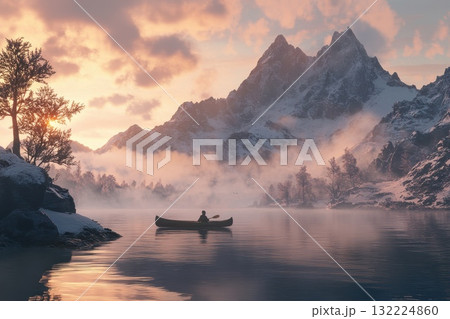 Serene Canoe Adventure at Sunrise in Snowy Mountain Landscape with Misty Lake Serene Canoe Adventure at Sunrise in Snowy Mountain Landscape with Misty Lake 132224860