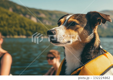 Loyal Dog Enjoys Bright Day on Water in Life Jacket with Scenic Background 132224862