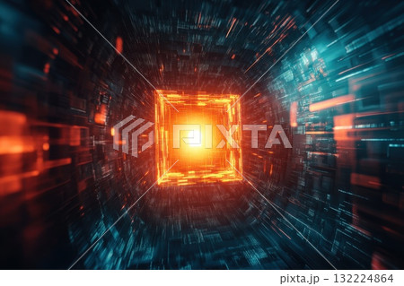 Abstract Futuristic Tunnel with Bright Center and Dynamic Light Effects in 3D Space 132224864