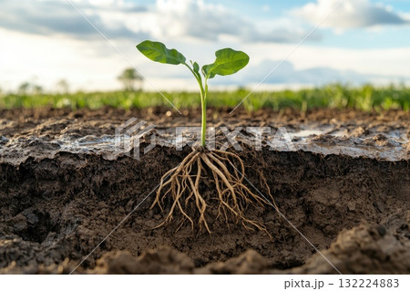 Green Seedling Emerging from Soil with Strong Roots in Agricultural Field Under Blue Sky 132224883