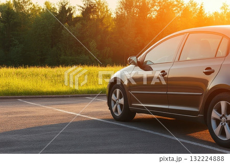 A Scenic Side View of a Car Parked in an Open Parking Lot at Sunset, Surrounded by Lush Greenery and Bathed in Warm Golden Light A Scenic Side View of a Car Parked in an Open Parking Lot at Sunset, Surrounded by Lush Greenery and Bathed in Warm Golden Light 132224888