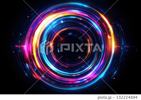 Vivid Circular Abstract Design Featuring Glowing Neon Colors in a Dynamic Pattern on a Dark Background 132224894