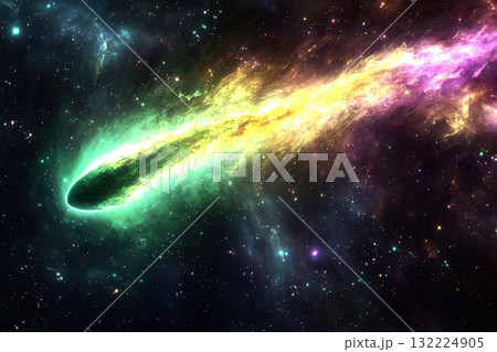 A Vibrant and Fiery Green Comet Zooming Past the Stars in a Colorful Cosmic Landscape 132224905