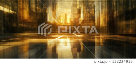 Captivating Urban Landscape at Sunset with Stunning Reflection in Glass Buildings and Golden Sky 132224913