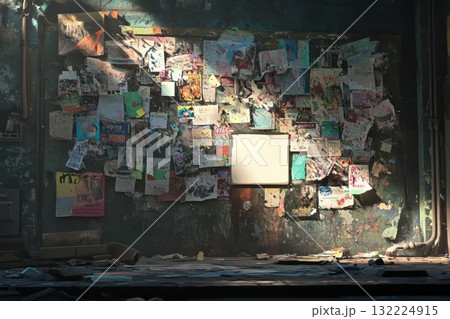 Abandoned Classroom Space with Colorful Artwork and Posters on Wall Surrounded by Dust and Disarray, Evoking Nostalgia and Creativity in Forgotten Educational Environment Abandoned Classroom Space with Colorful Artwork and Posters on Wall Surrounded by Dust and Disarray, Evoking Nostalgia and Creativity in Forgotten Educational Environment 132224915