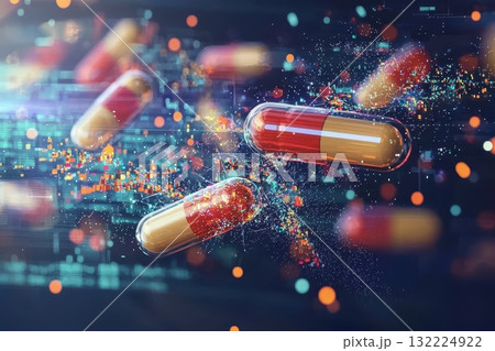 Abstract Representation of Medication Capsules with Digital Effects and Colorful Particles on a Dark Background 132224922