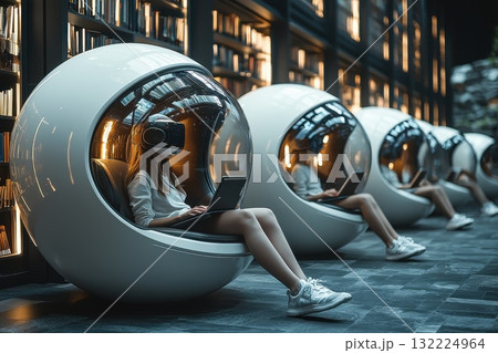 Students Engaged in Virtual Reality Experiences in a Modern Library Setting with Cozy Pods for Enhanced Focus and Collaboration Students Engaged in Virtual Reality Experiences in a Modern Library Setting with Cozy Pods for Enhanced Focus and Collaboration 132224964